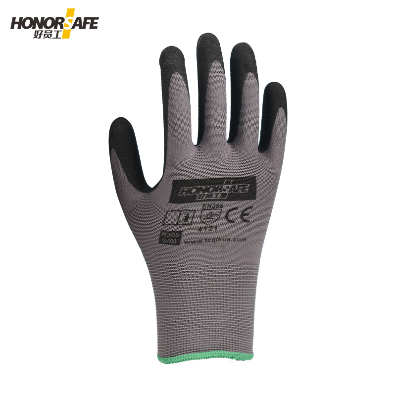好员工 N304 13针尼龙黑丁腈磨砂 耐磨透气舒适防滑涂层手套劳保手套 12副/打 灰色