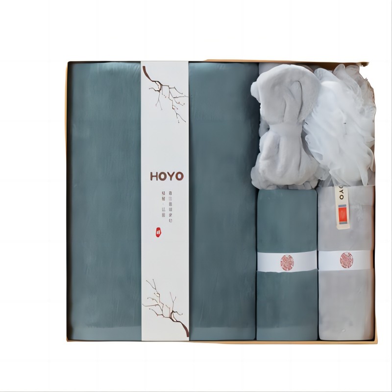 HOYO 纯棉a类毛浴巾干发帽束发带浴花洗漱5件套 JP8058 蓝灰