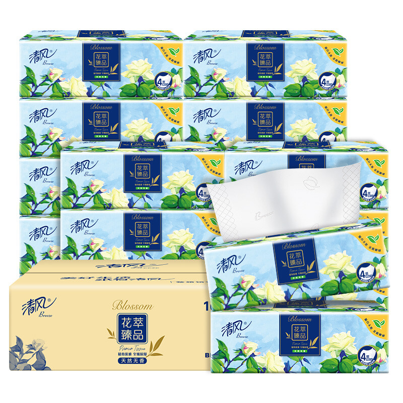 清风花萃臻品系列抽纸4层80抽12提48包整箱装DXTQF044  白色  