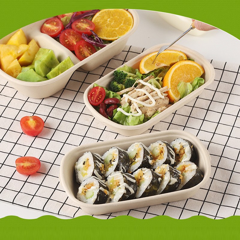 百厨坊 一次性餐盒可降解 长方形打包盒双格饭盒 1000ML 200套带盖 纸盒  自然色  