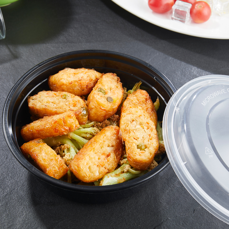 百厨坊 一次性饭盒圆形黑色塑料美式快餐盒150只装700ml带盖加厚外卖打包盒水果盒子便当汤碗餐具  黑色  