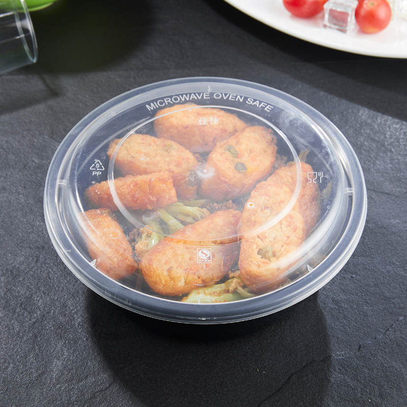 百厨坊 一次性饭盒圆形黑色塑料美式快餐盒150只装900ml带盖加厚外卖打包盒水果盒子便当汤碗餐具  黑色  