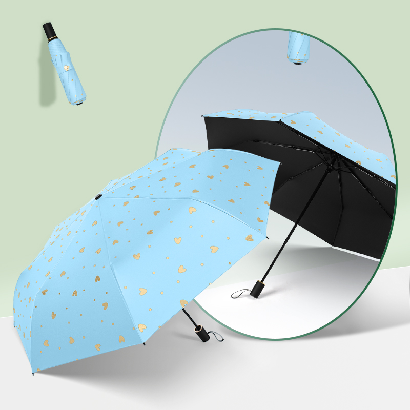 美度ins烫金爱心遮阳伞女森系折叠晴雨伞三折伞M3101 56cm*8k/98cm（单位：把） 冰川蓝