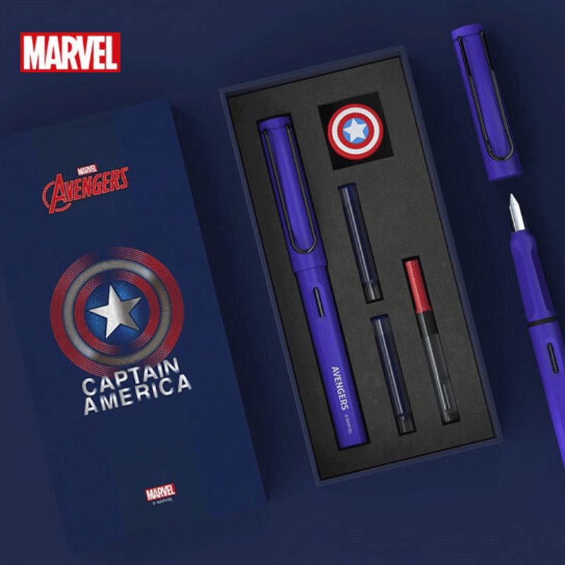 迪士尼(Disney)钢笔礼盒 学生钢笔换囊墨水笔杆套装 练字书法用商务墨水笔 漫威系列 蓝色E0306A1  5件装  