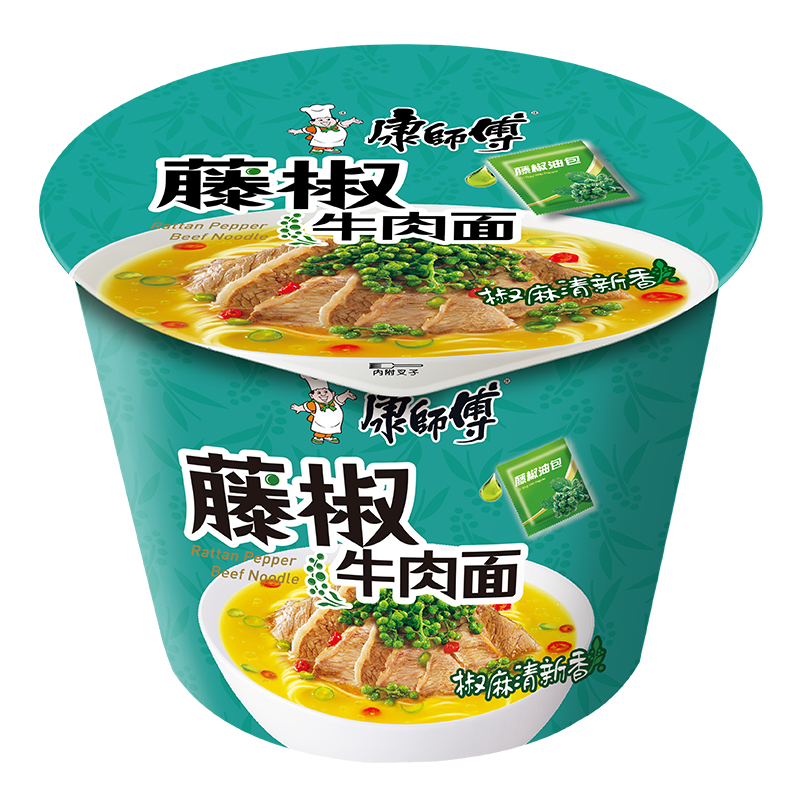 康师傅经典方便面【桶】 藤椒牛肉味107g*12桶 松石绿