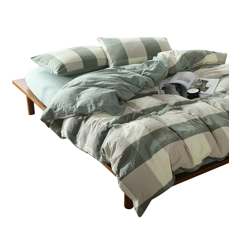 三极 TP2980  日式纯棉水洗棉格子四件套   1.8M加大 床笠款 绿大格