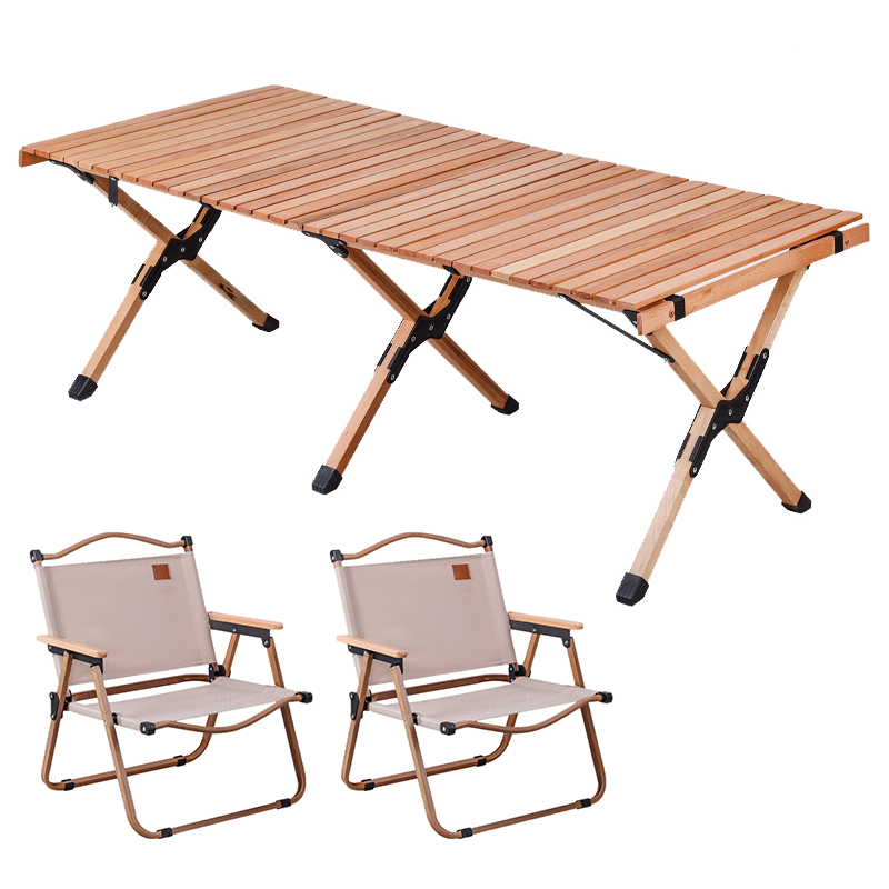 三极 TP8872   户外露营便携桌椅 一桌两椅 木纹大号椅子 卡其色