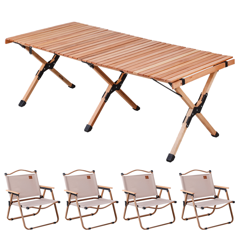 三极 TP8872   户外露营便携桌椅  一桌四椅 木纹大号椅子 卡其色