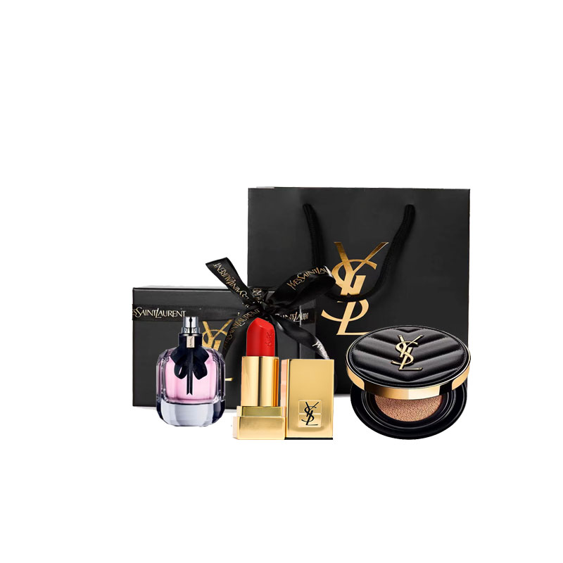 圣罗兰伴手礼盒（圣罗兰气垫5g+圣罗兰口红1.3g+圣罗兰反转巴黎香水7.5ml） 曜石黑