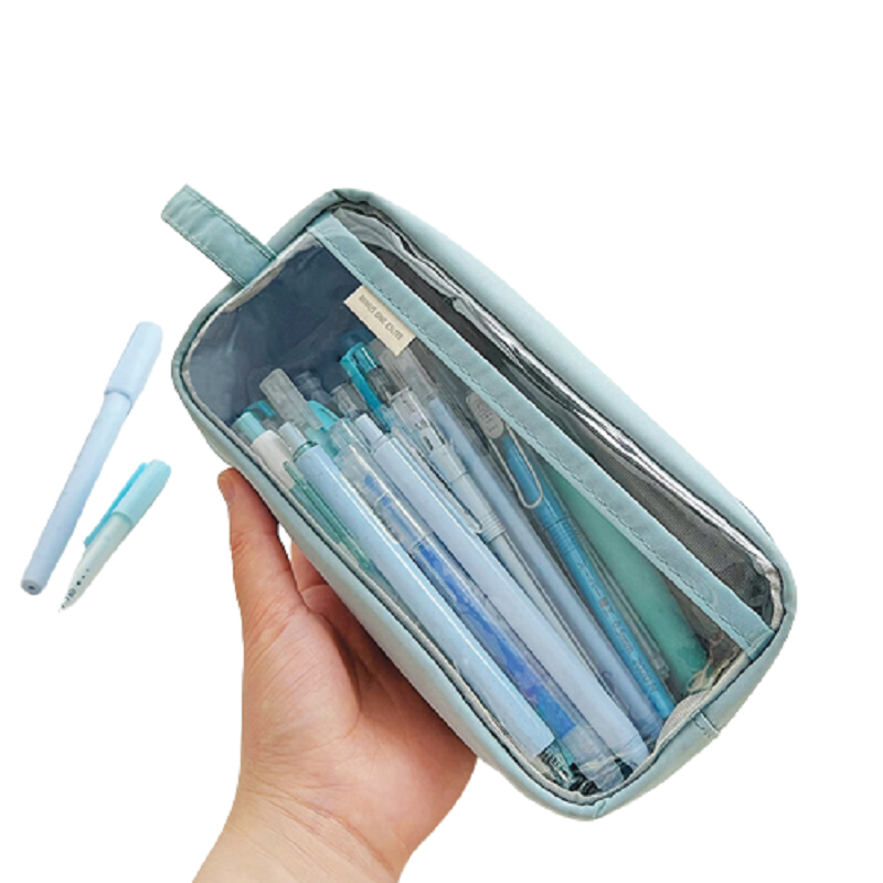 三年二班 透明简约手提小学生笔袋 日系ins风女生初中高中生文具盒 多层大容量铅笔盒 雾霾蓝