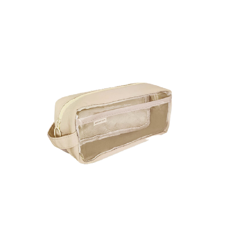 三年二班 透明简约手提小学生笔袋 日系ins风女生初中高中生文具盒 多层大容量铅笔盒 奶油米白色