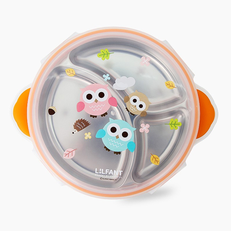 LILFANT利房 魅特防滑带盖不锈钢吸盘圆形餐盘LF5509 黄色