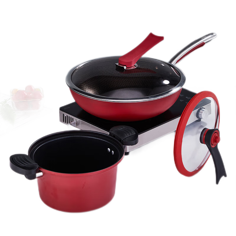 易铂yispot 特拉两件套锅 YP-9060 32cm炒锅带盖+23cm微压锅 酒红