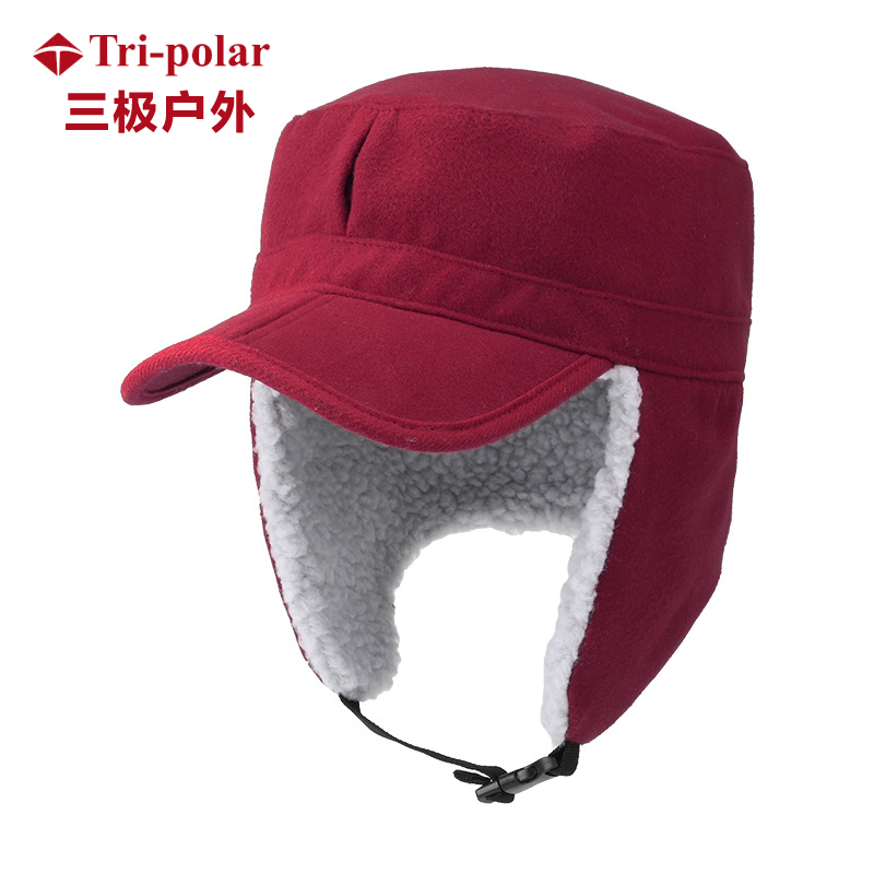 三极 TP6381 可折叠加厚保暖羊羔绒帽子   58cm 酒红色