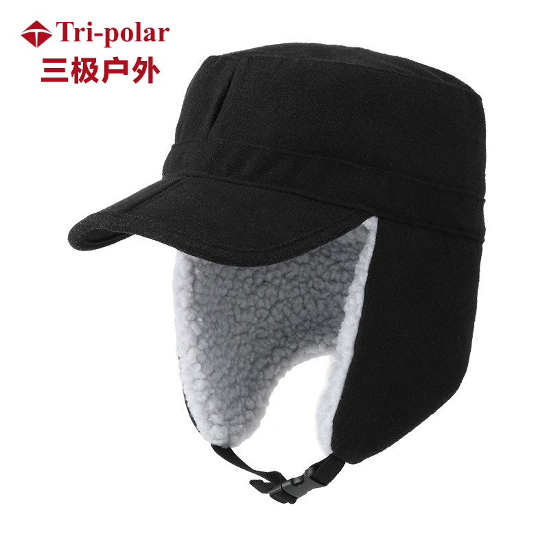 三极 TP6381 可折叠加厚保暖羊羔绒帽子   58cm 黑色