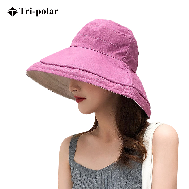 三极 TP6379   双面拼色大沿渔夫帽     头围54-58cm 粉紫色
