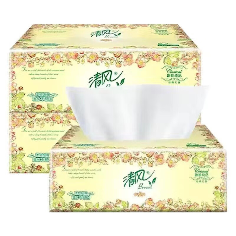 清风欧院纯品系列抽纸3层100抽3包/提（单位：提） 黄色