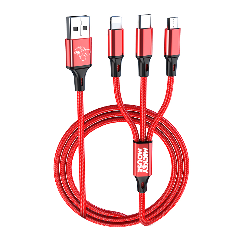 迪士尼/Disney一拖三数据线快充LF28适用华为苹果oppo小米vivo 红色