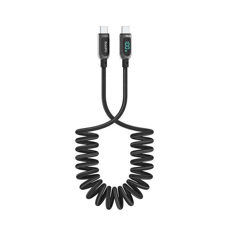 SOOPii首佩LED数显usb-c数据伸缩弹簧线100W S10CC-S 2米拉伸 条 黑色
