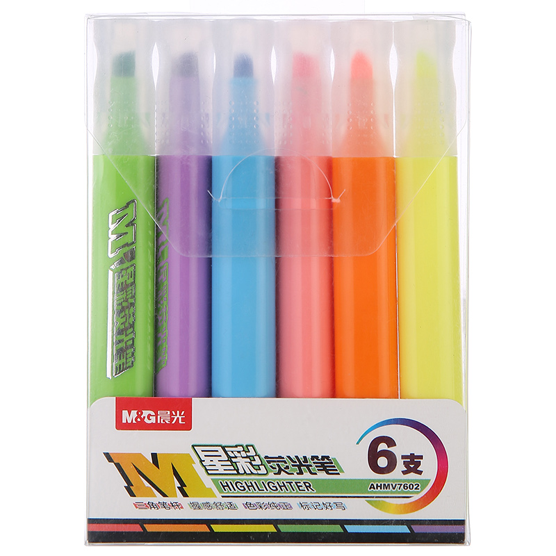 晨光(M&G)文具6色荧光笔单头记号笔星彩系列水性手账手绘笔 6支/盒2盒起订AHMV7602 混色