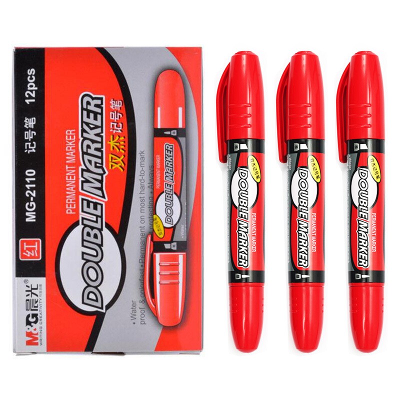 晨光（M&G）MG2110粗杆双头多用物流油性擦不掉大双头记号笔绘画勾线笔描线笔光盘笔 红色 1盒，12支装 红色