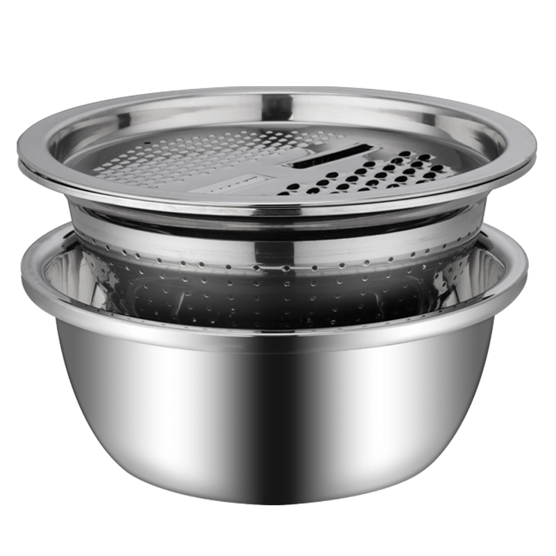 【yispot易铂】哈伦三件套盆YP-8076盆+米筛+刨丝盘（单位：套） 不锈钢色
