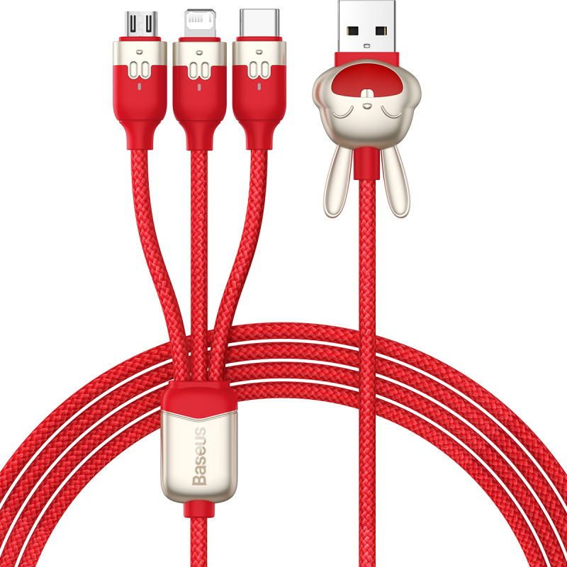 倍思 兔年生肖 一拖三快充数据线CASX060009红色 红色
