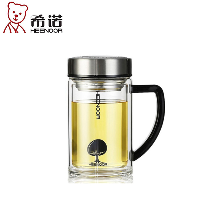 希诺（HEENOOR）双层办公泡茶玻璃杯 XN-6721 435ml（单位：个） 不锈钢色