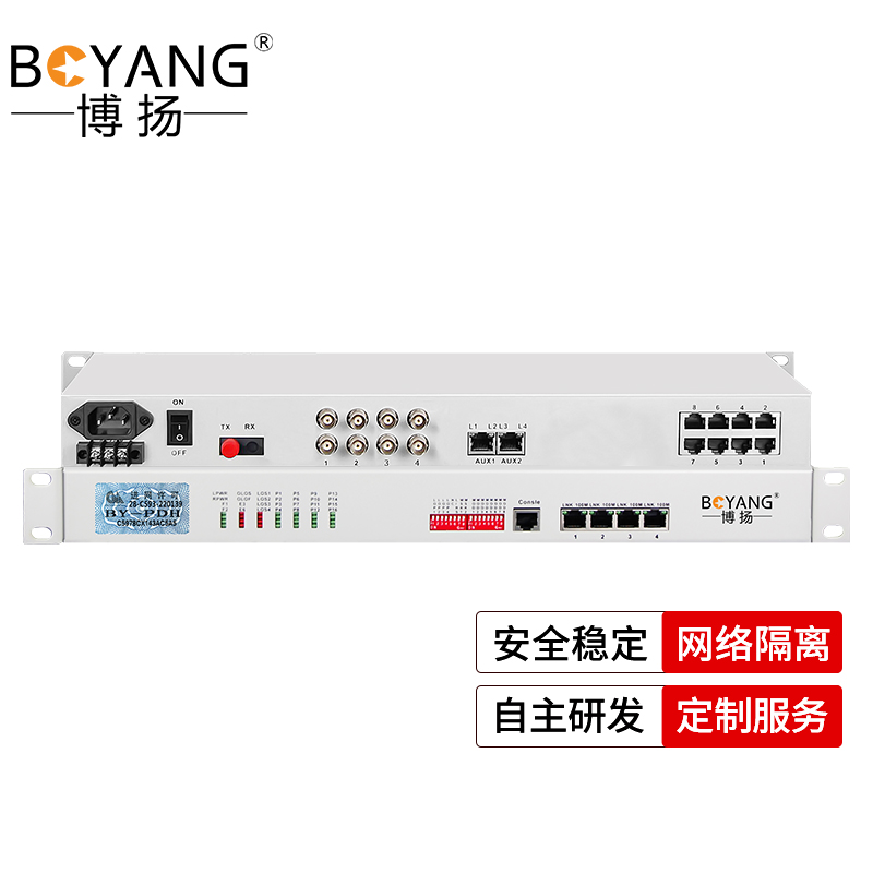 博扬 综合业务电话光端机 4E1+4电话+4路千兆以太网隔离+4路磁石 单纤20km 机架式1对BY-4E1-4P4H4GV-20KM 白色