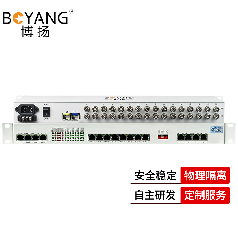 博扬 综合业务PDH光端机 16E1+32路电话(可定制磁石)+4路百兆物理隔离网络+2路RS485 1对价 BY-16E1-32P4FV2D 白色