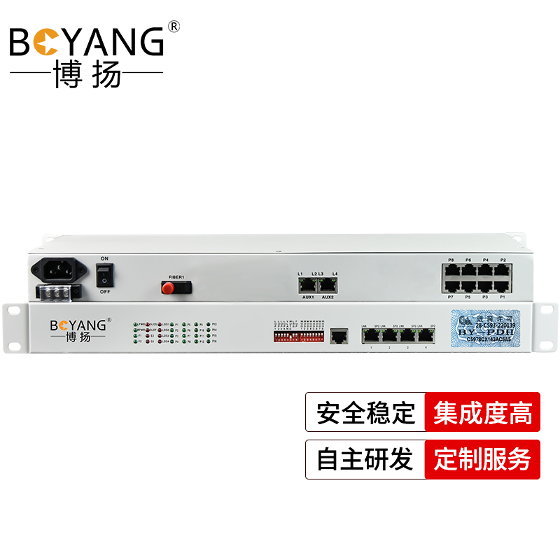 博扬 综合业务电话光端机 1路电话+2个磁石+3路百兆以太网 单纤20km 机架式 1对BY-1P3FE-2H-20KM 白色