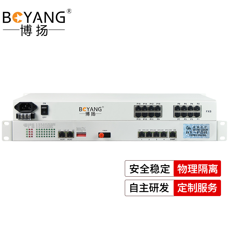 博扬 综合业务电话光端机 14电话+2路磁石(32路电话主板)+4路百兆物理隔离网 单纤20KM机架式1对BY-14P2H-4EV 白色
