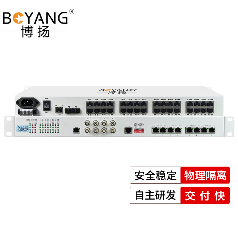 博扬 综合业务电话光端机 32路电话+2路千兆+4路百兆以太网物理隔离 LC单纤80km 机架式 1对BY-32P2G4EV 白色