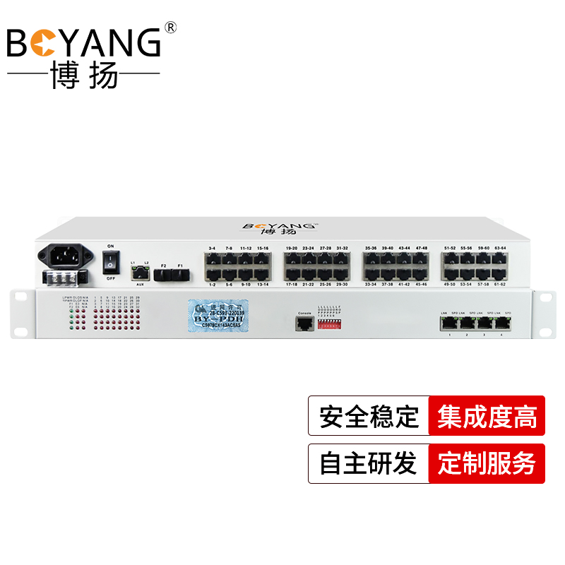 博扬 综合业务光端机32路E1+2路千兆以太网逻辑隔离 双纤120km LC接口机架式双电源 BY-32E1-2EV-120KM 白色