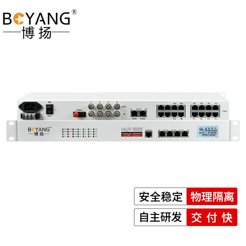 博扬 综合多业务电话光端机 4路E1+12路电话+4路百兆以太网物理隔离 单纤60km机架式 1对价BY-4E1-12P4EV 白色