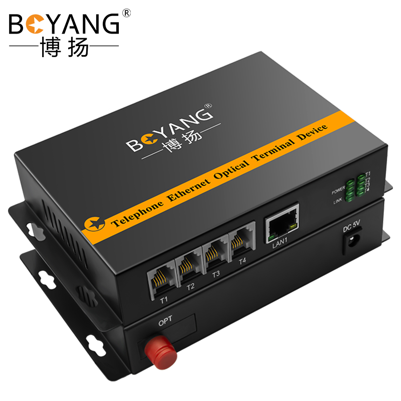 博扬 综合业务数字电话光端机 4路电话+1路百兆网络 对讲音频加1路以太网 单纤40km 1对BY-4P1E-40KM 黑色