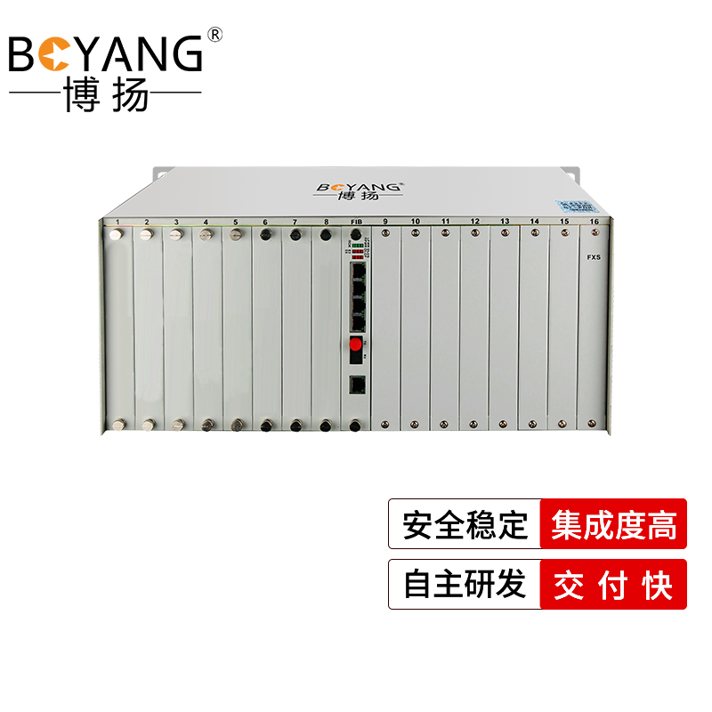 博扬 PDH电话光端机机框引擎16槽+4路百兆网口双电源可接16-384路电话1-16路E1 4U插卡式单纤20km FC接口 1对 白色