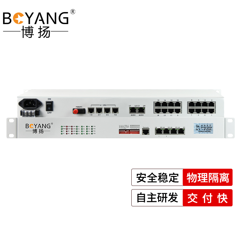 博扬 综合业务电话光端机 8路E1+16电话+2路百兆以太网物理隔离 单纤20km 机架式 1对价BY-8E1-16P2EV 白色