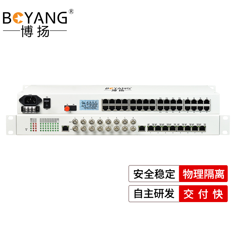 博扬 综合业务电话光端机 8路E1+16路电话+8路百兆以太网物理隔离 单纤20km 机架式 1对价BY-8E14E-16P-20KM 白色