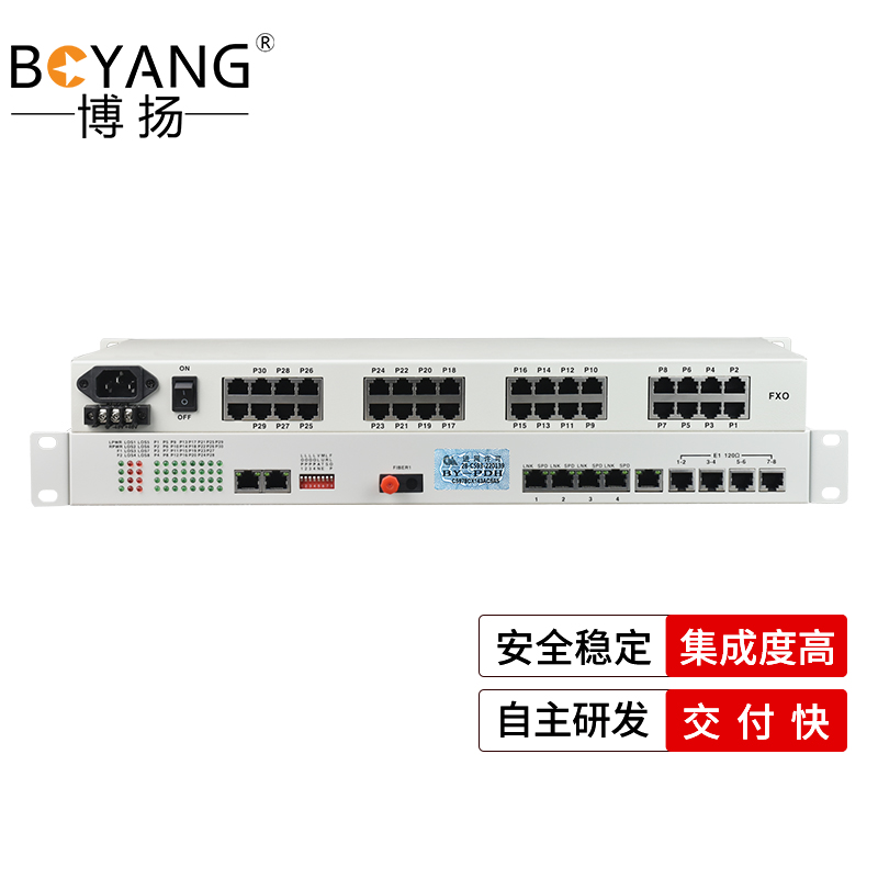 博扬 综合业务电话光端机 8路E1+30路电话+4路百兆以太网物理隔离 单纤40km 机架式 1对价BY-8E1-30P4E-40KM 白色