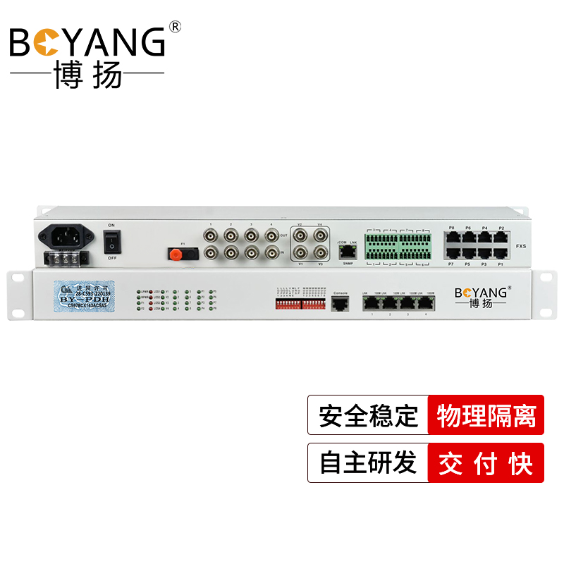 博扬 综合业务电话光端机 4路E1+4路电话+4路以太网隔离+2路双向视频+4路双向音频+8路开关量+4路RS485 1对 白色