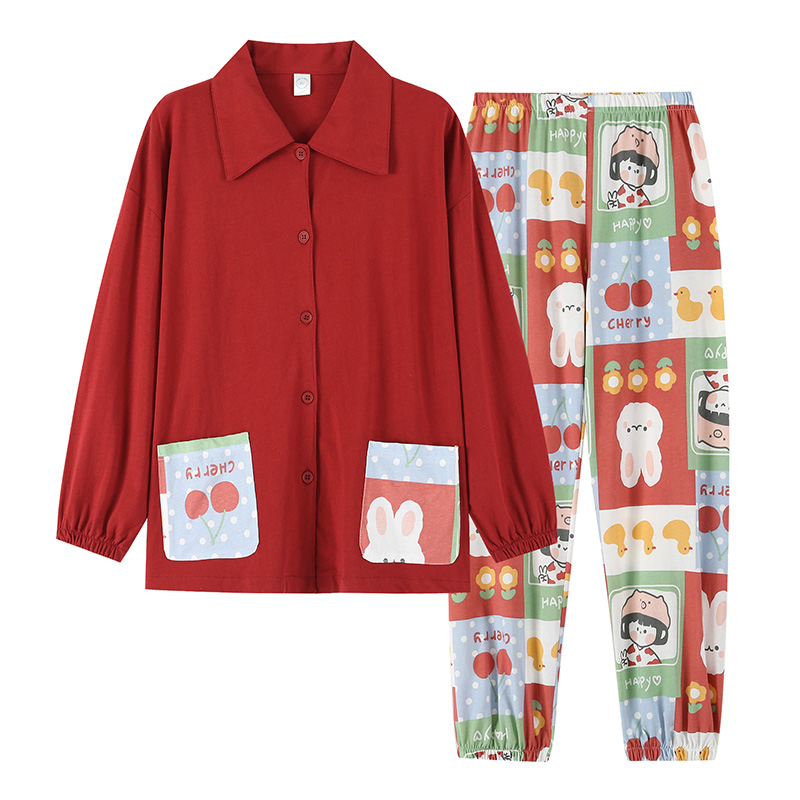 南极人女士睡衣套装长袖长裤家居服N079X10032（件） N079X10032-3暗红口袋 2XL