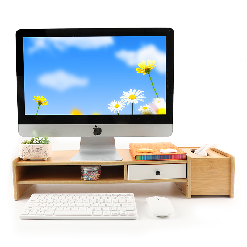 倍方 电脑显示器增高架 显示器支架 多功能置物架显示器桌 白抽屉带纸巾盒电脑增高架竹木色 胡桃木色