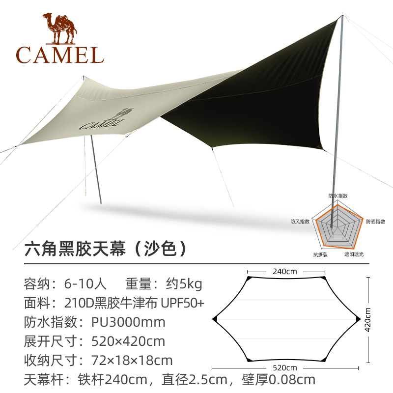 骆驼（CAMEL）户外精致露营便携式防晒防雨遮阳凉棚六角蝶形黑胶天幕帐篷1J32263958 沙色