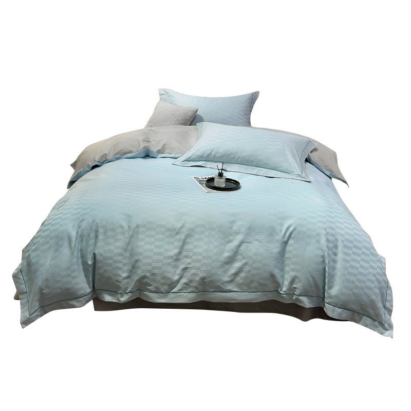 三极&nbsp;TP2752&nbsp;60支全棉提花刺绣飞边四件套 单位：套 合欢格(浅蓝) 适用于1.8米床