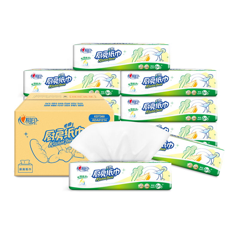 心相印塑装无印花厨房纸巾KDT360（60抽9包）箱 白色