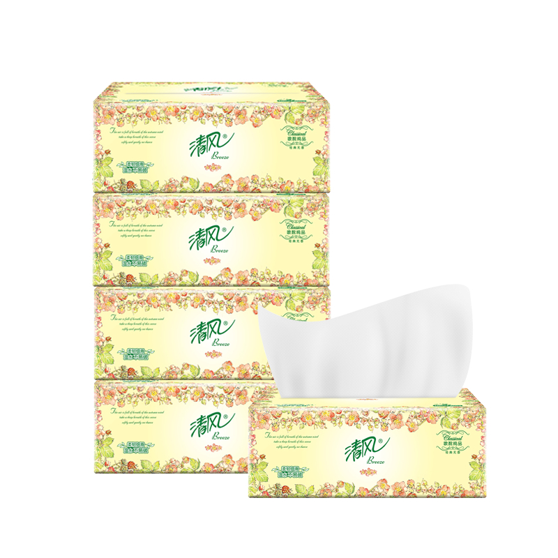 清风欧院纯品系列抽纸3层100抽4包 （单位：包）黄色