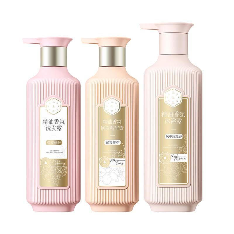 百雀羚三生花精油香氛洗护云享套装（洗发露莹亮修护500ML+精华素密集修护500ML+沐浴露风中玫瑰800ML）（单位：套）） 粉色
