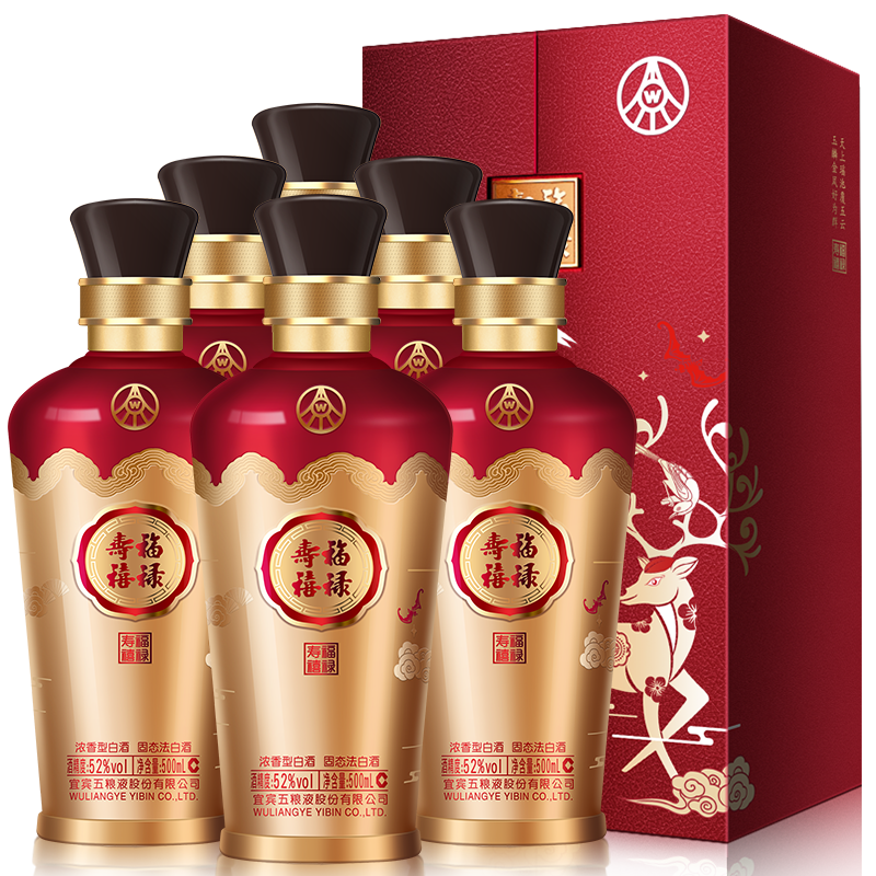 五粮液股份 福禄寿禧六合同春 浓香型白酒 52度 500ml*6瓶 整箱 枫叶色
