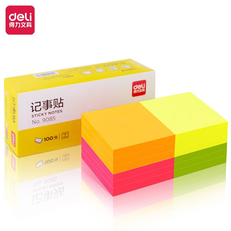 得力（deli)9085 荧光彩色便利贴 76*76mm便条纸/ 记事贴/ 自粘留言本 办公用品 12本1200张 彩色